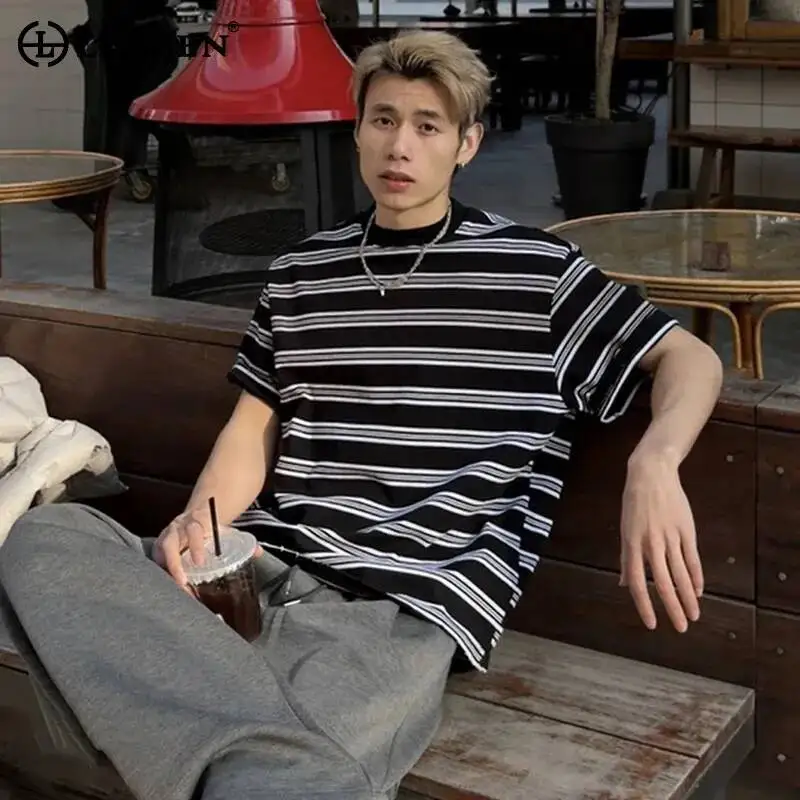 

LUZHEN 2026 Summer Color Contrast Stripe Printed Handsome Short Sleeve T-shirts Men's Fashion High Quality Korean Clothes JY6693