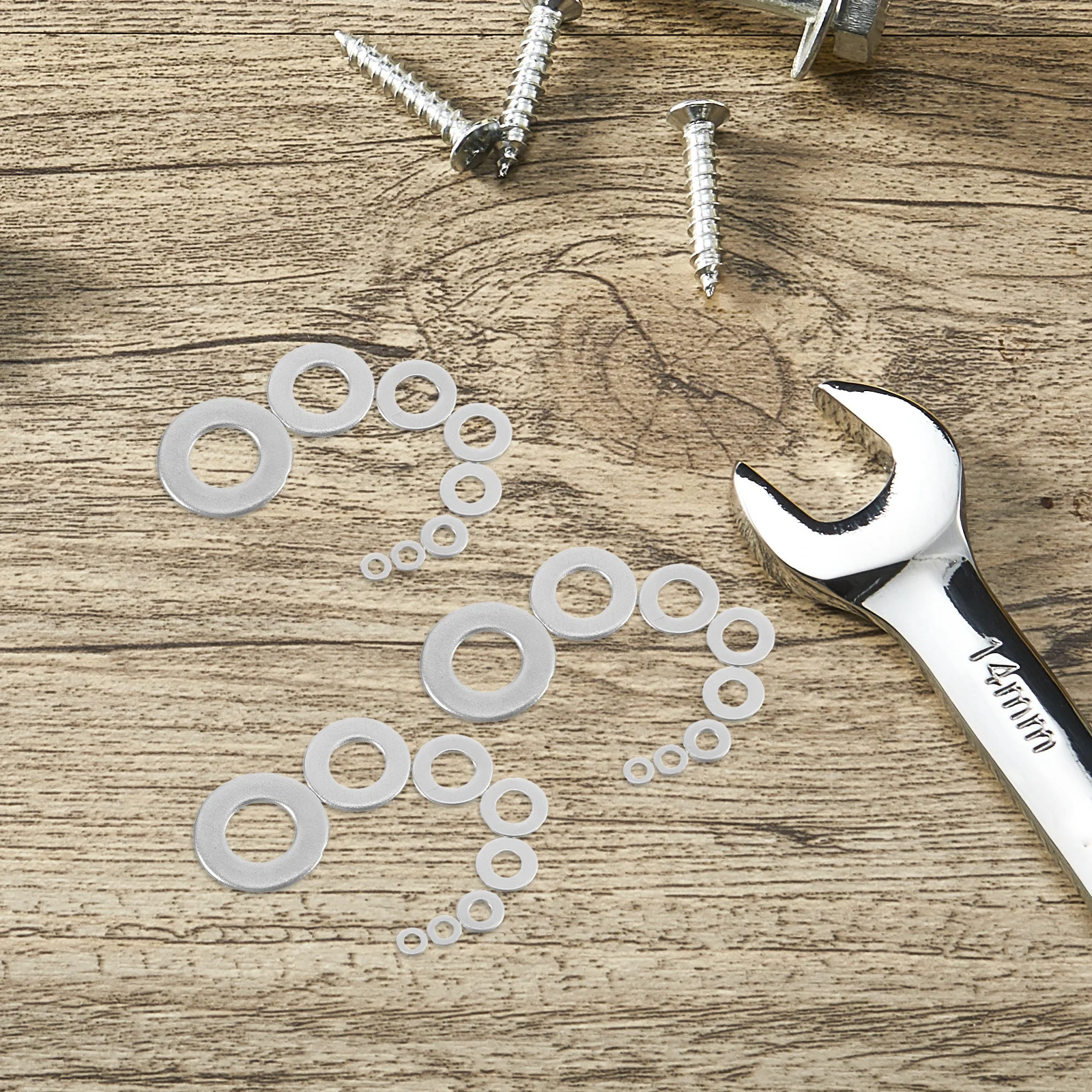 Zestaw podkładek płaskich metalowych 360 sztuk, stal nierdzewna, elementy montażowe, śruby, podkładki do napraw, zastosowanie przemysłowe, trwałe, redukujące hałas