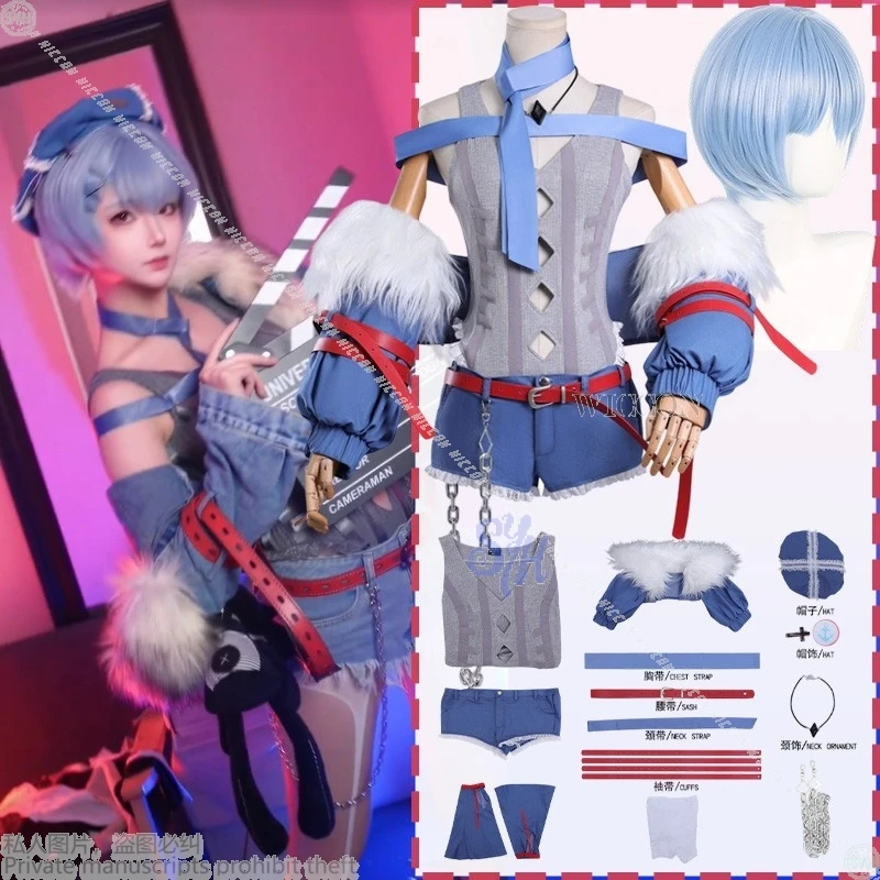 

Jirai Kei Y2K Girls Style Reiii Cosplay PUNK Kawaii Japanese Anime Costume Sexy Hollowed Out Vest Blue Shorts Hat Halloween
