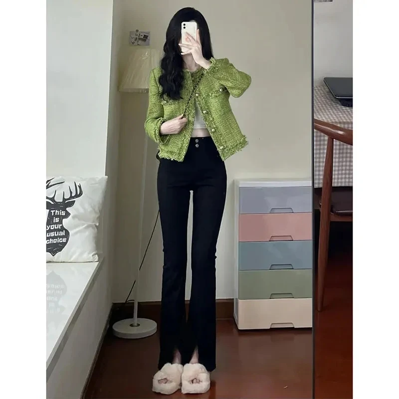 2023 New Autumn Winter Korean Single-Breasted Short Tweed Coat Women Long Sleeve Vintage Green Casual Jackets Female Outerwear