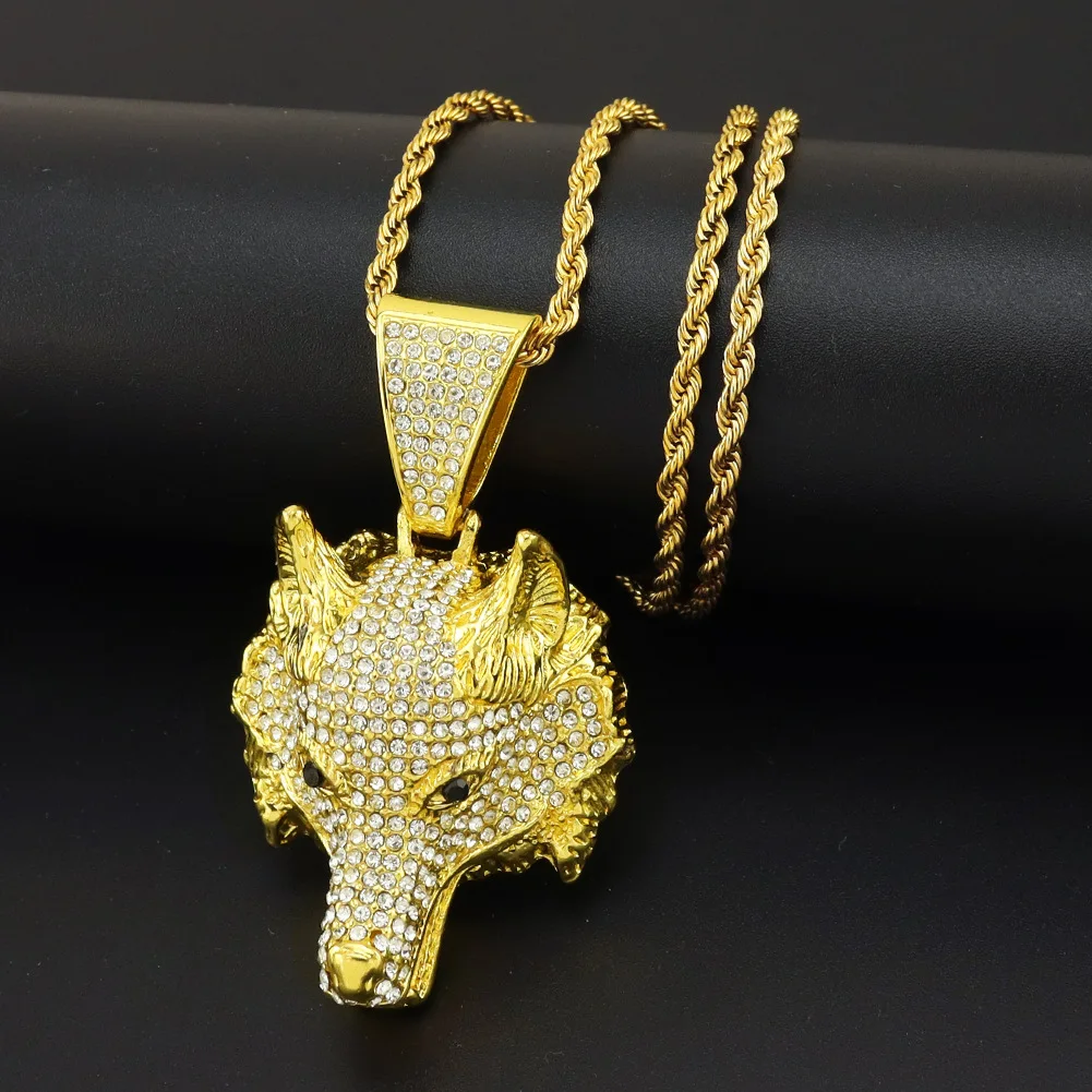 

Hip Hop Bling Iced Out Zircon Wolf Head Animal Pendant Necklace Men and Women Hip Hop Rock Rap Trend Jewelry