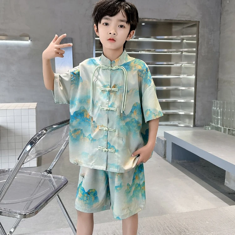 

Fashion Hanfu Boy Summer Children's Sets Casual Short Sleeve Tang Suit Teenagers Boys Clothes Tops Shorts Costume Kids Outfit
