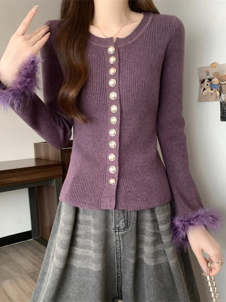 

Purple Long Sve Knitted Open Cardigan Sweater Women's Autumn Winter Slimming Base Layer Top Comfortable Warmth Faionable