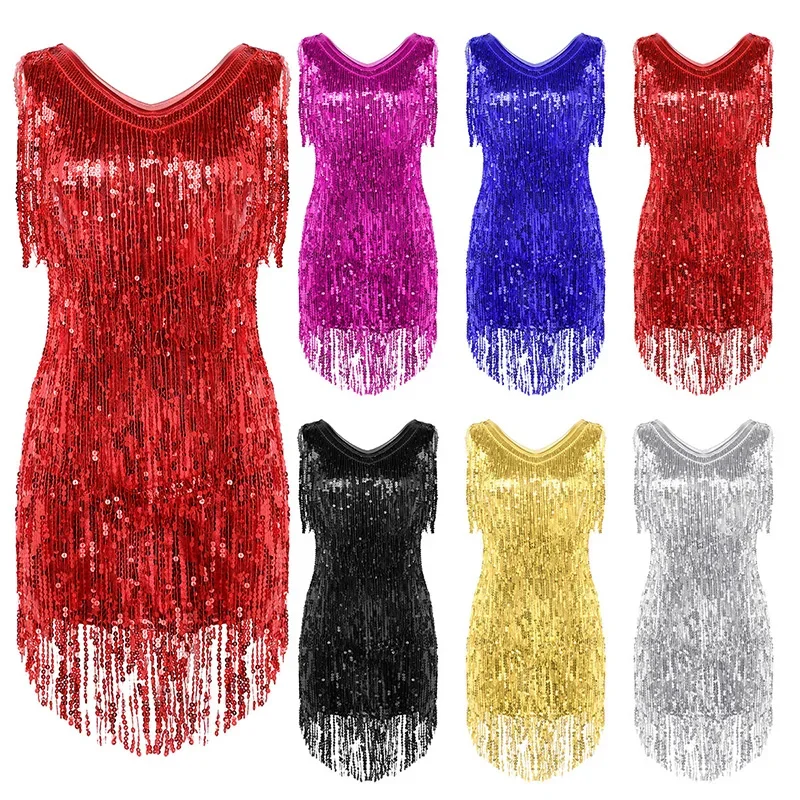 Fringe Ballroom Samba Tango Stage Latin Dance Dress Rave Costume Women Ladies V Neck Sleeveless Sparkling Sequin Tassels