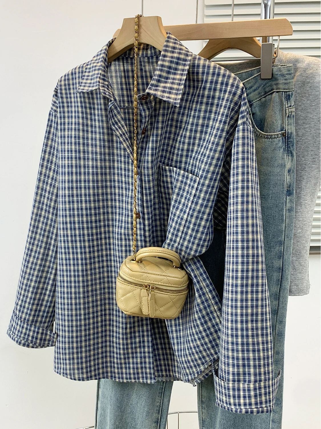

Retro Plaid Stripe Long Sve Spring Autumn Women's irt Jaet Blue Tailored Loose Fit Cotton Collar Open Cardigan