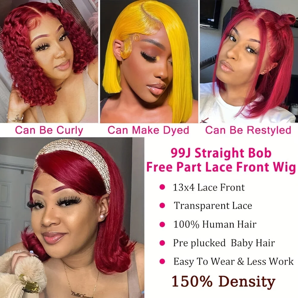 Perruque Bob Lace Front Wig Naturelle Lisse Bordeaux, Cheveux Courts, Vin Rouge, 99J, 13x4, avec Baby Hair, Densité 150%