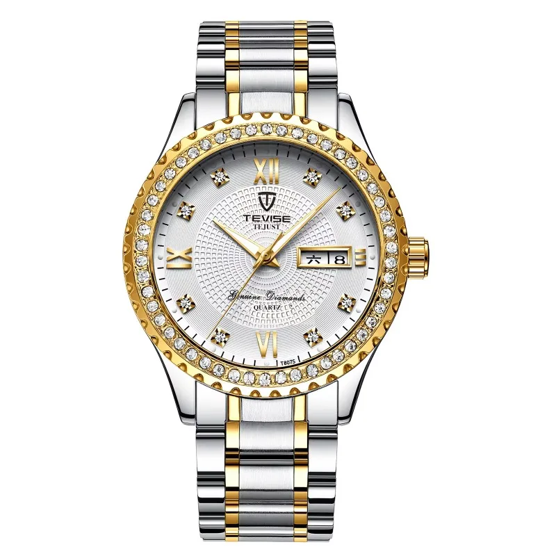 Men Diamond Gold Dial Waterproof Luminous Quartz Watch Man Business Multi Function Calendar Week Non Mechanical Watch