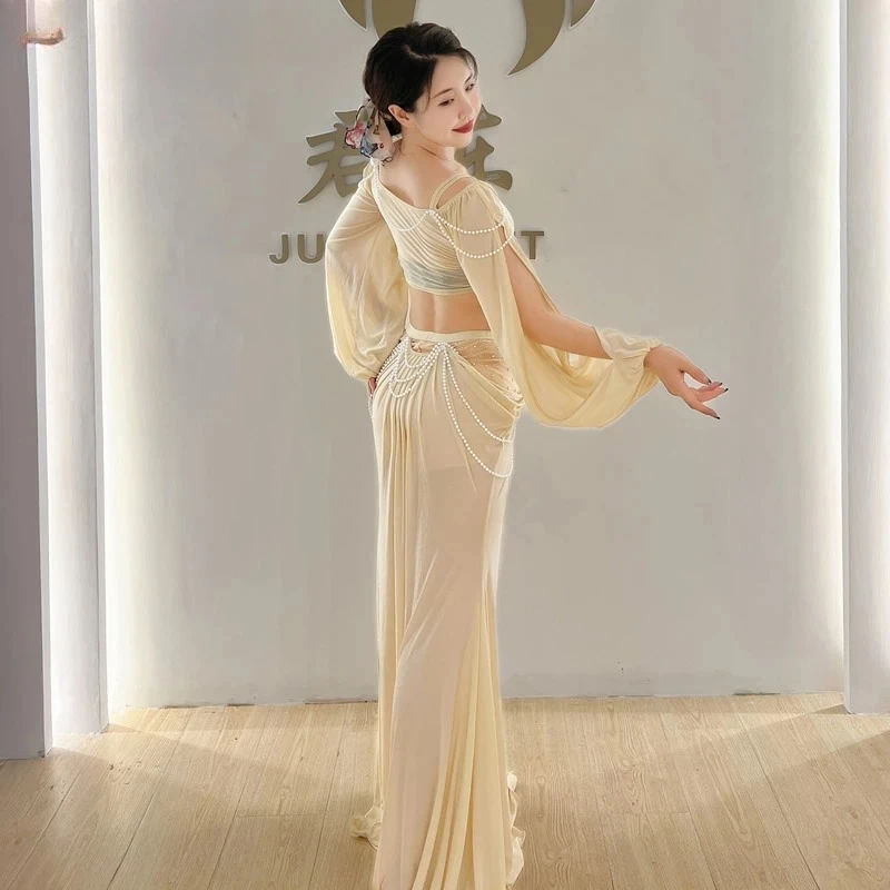 Women Mesh Pearls Sleeves Top+long Skirt 2pcs Girl's Oriental Costumes Set Female Practice Wear Outfit Belly Dance Clothing