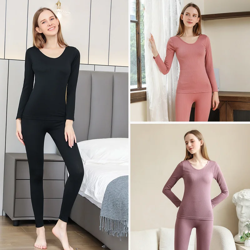 

Women's Thermal Underwear Sets Solid Color Stripe Long-Sleeved Trousers Elastic Lingerie Fall Winter Warmer Bottoming Intimates