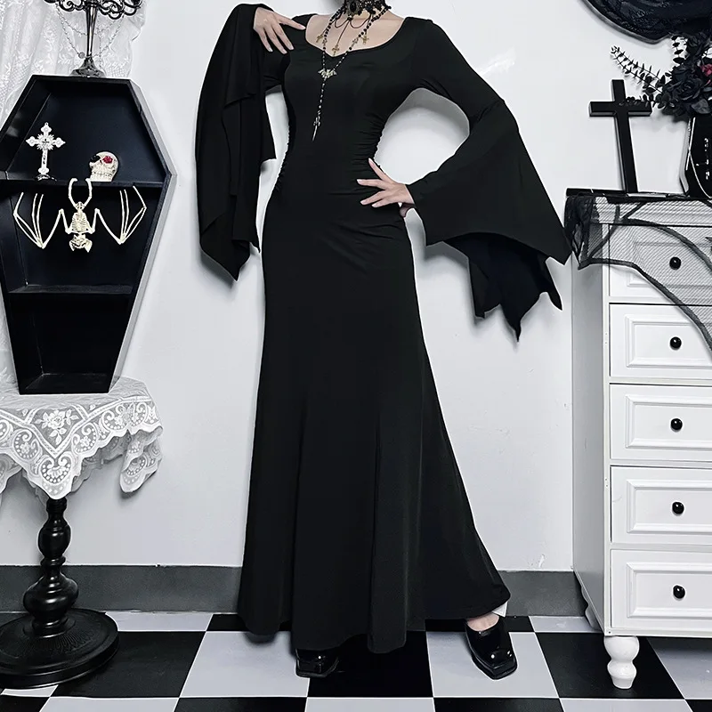 New Cosplay Costume Sexy Solid Color Slim Fit Bat Sleeve Fishtail Skirt Gothic Theme Party Role Playing Outfits for Adult Women view 3