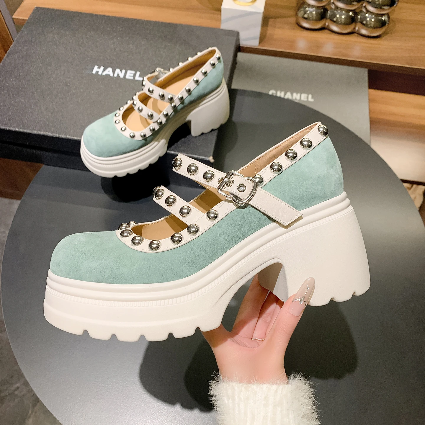 

Pumps Women Genuine Leather Studded Shallow Double Buckle Strap Chunky Platform Heel Punk Style Breathable Shoes