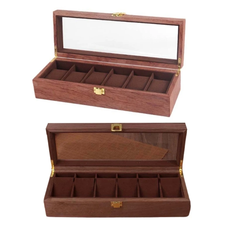 6 Slots Wooden Watch Box Jewelry Bracelet Storage with Transparent Lid