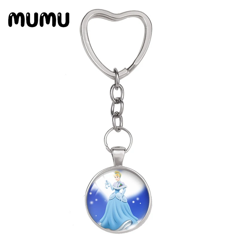 2024 New Cinderella Heart Keyring Princess Keychain Glass Dome Cabochon Jewelry Gifts Children