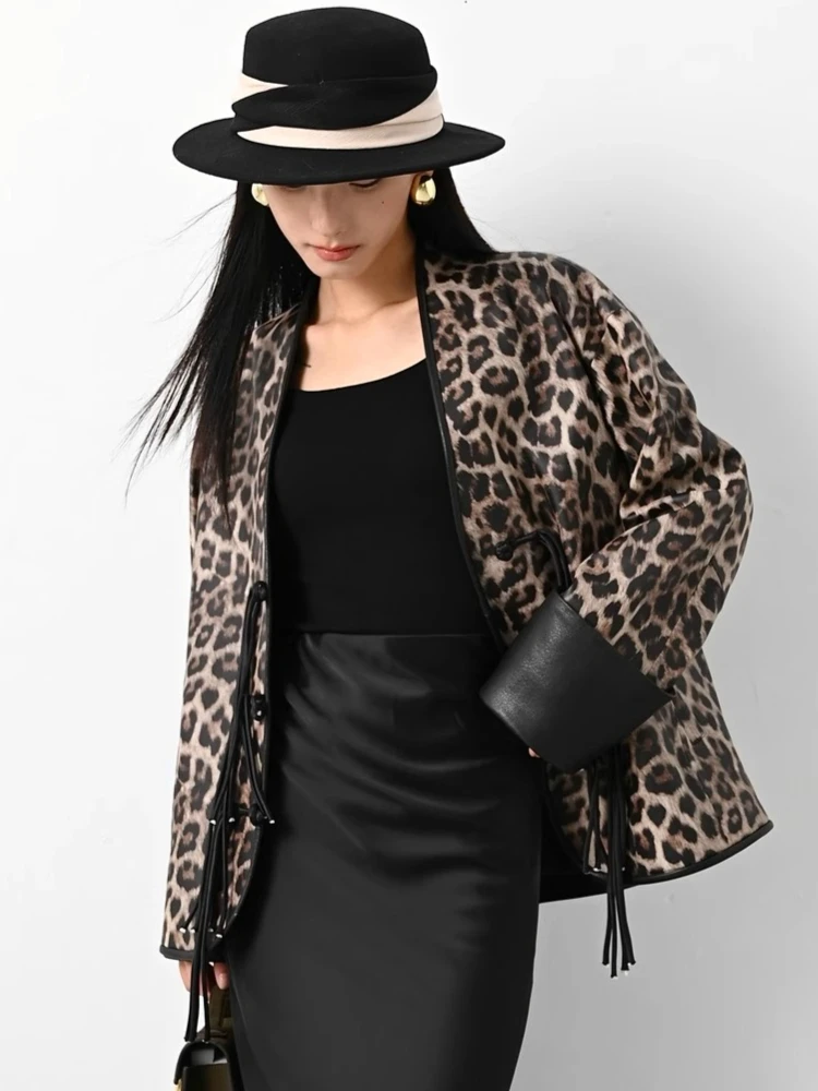 Leopard Print Genuine Leather Jackets for Women Spring Autumn High-end Simple Vintage Single Breasted V-neck Real Sheepskin Coat