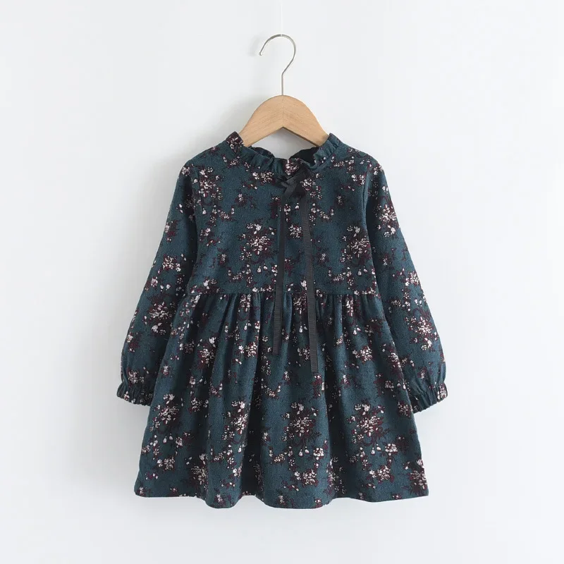 Child Fluffy Girl Dress Cute Delicate Long Sleeves Floral Print Comfortable Ruffle Collar Bow Fashionable Summer Autumn Fashion