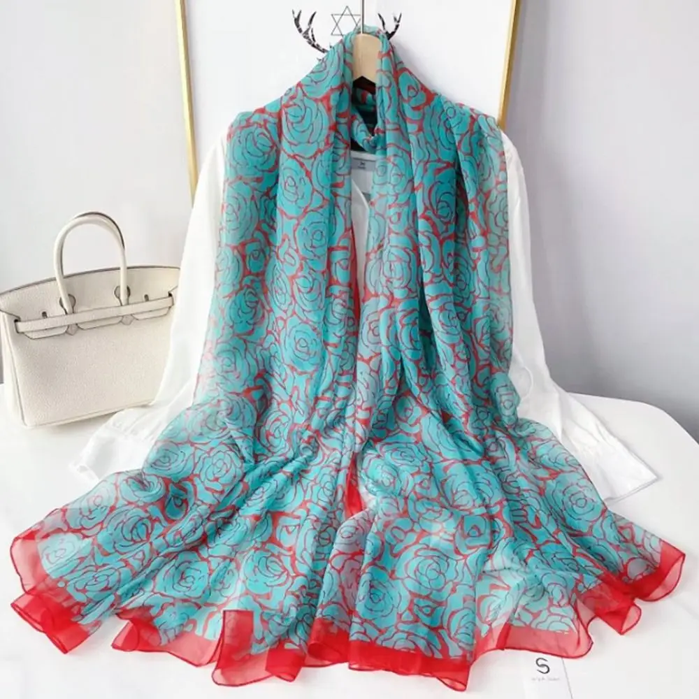 Women Luxury Silk Scarf Print Breathable Beach Bandana Sun-Resistant Spring Neck Tie Shawl