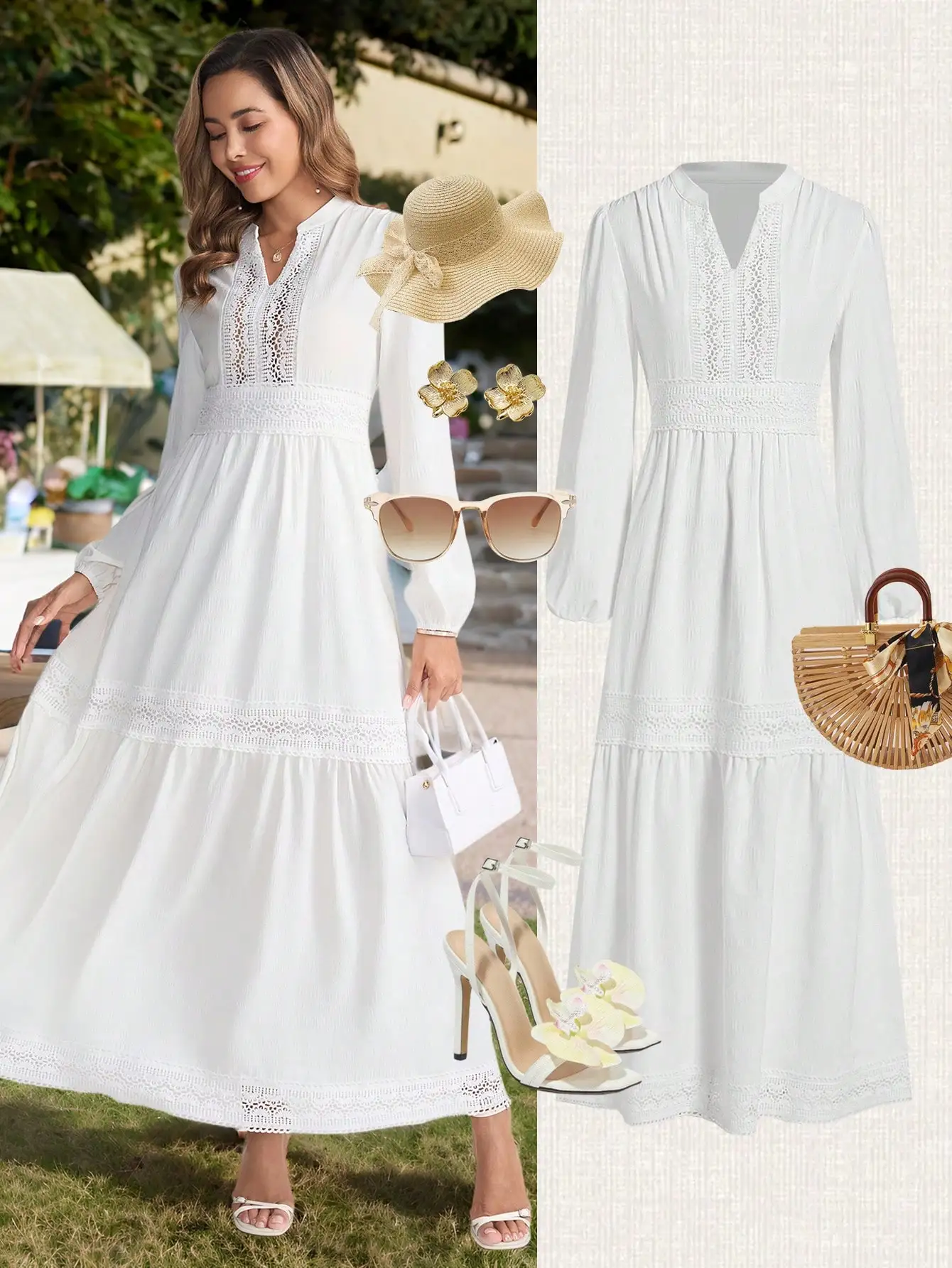 

White Bohemian Lace Trim V-Neck Long Sleeve Maxi Dress with Tiered Skirt