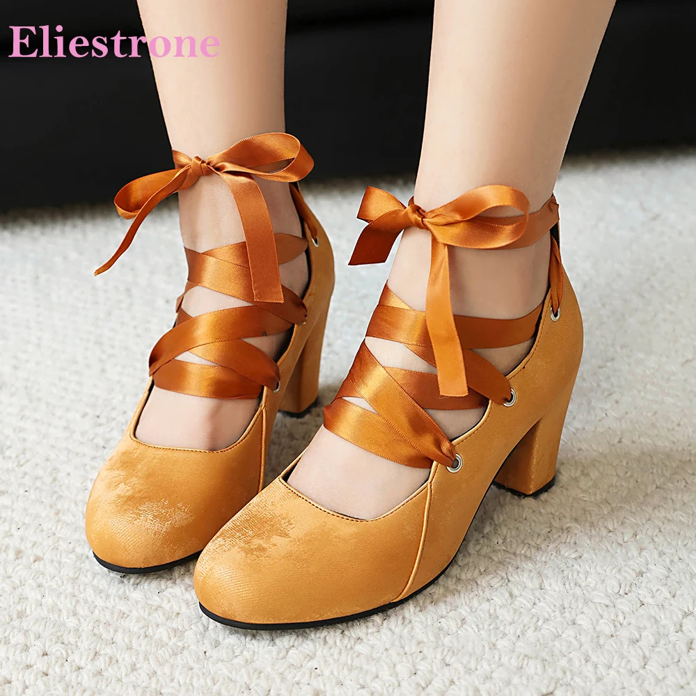 

2025 Fall New Mature Yellow Pink Women Pumps Hot Lace up Square High Heel Lady Party Shoes Plus Big Size 43 46