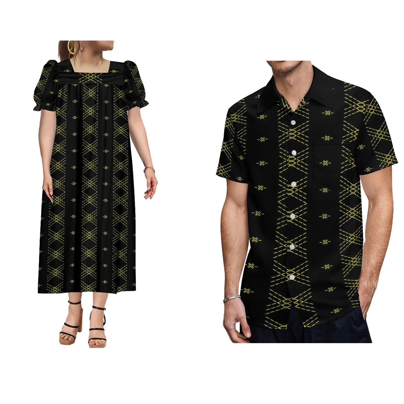 

Square Collar Tribal Ethnic Style MUMU Long Dress Polynesian Couple Print Custom Short Sleeve Shirt Men's Couple Suit