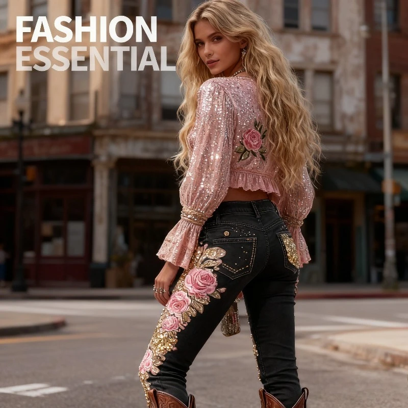 

Женские прямые джинсы с 3D цветочным принтом, модные и повседневные эластичные джинсовые брюки, удобная повседневная одежда в уличном стиле