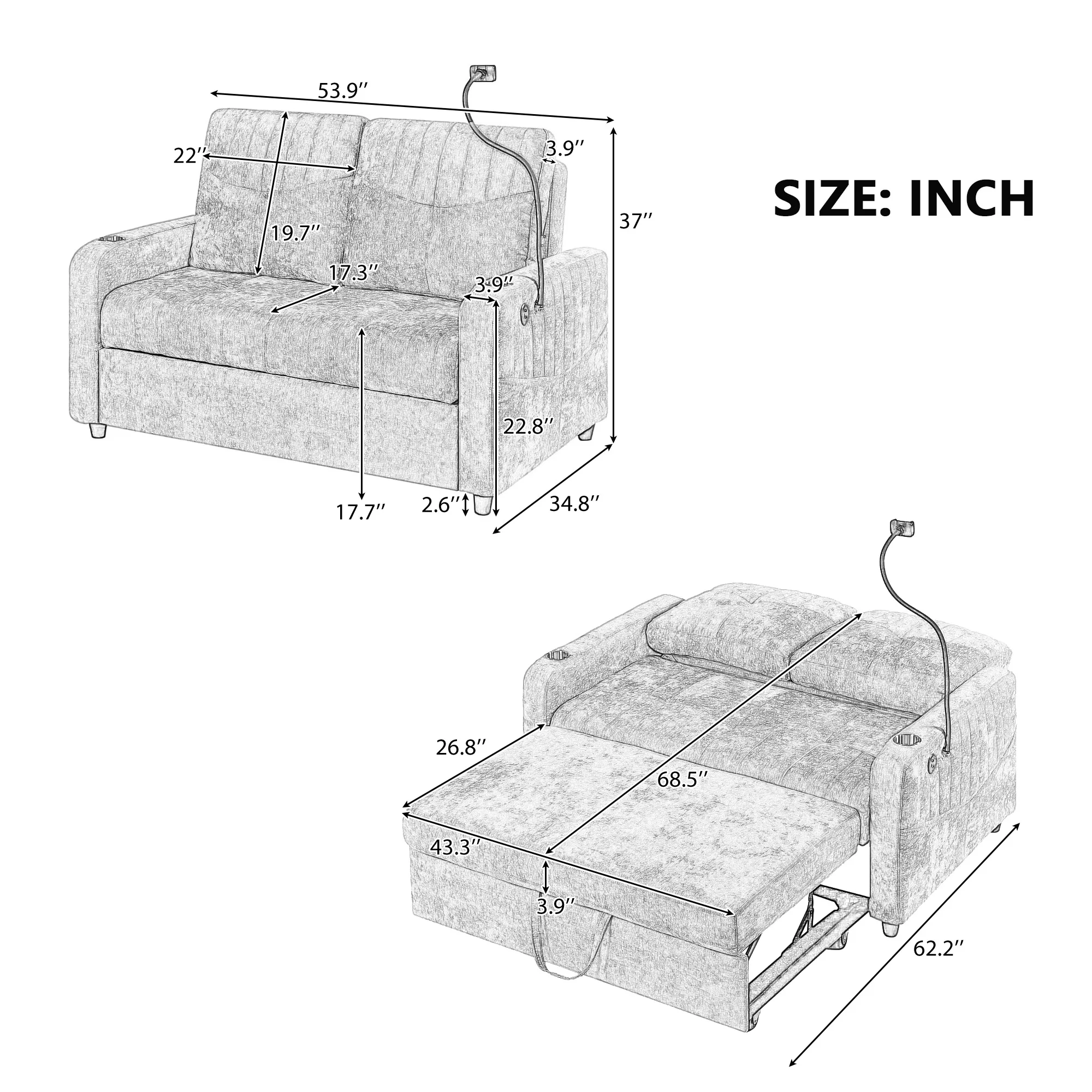 53.9'' Modern Loveseat Pull-Out Sofa Bed with Adjustable Backrest, Cup Holders, Phone Holder, Charging Ports & Side Storage