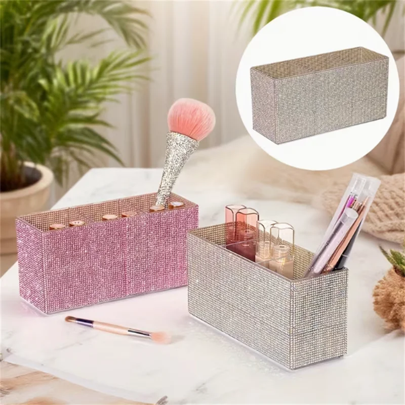 Organizador de pincel de maquiagem com strass brilhante, com 3 compartimentos, grande capacidade, pincéis de maquiagem, batom, ferramentas cosméticas, caixa de armazenamento