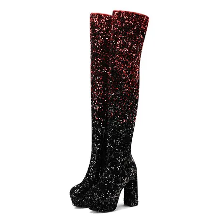 Thick Soled Sequin Knee High Women\'s Boots Autumn Women Over Knee Platform Boots Purple Sexy Lady Slip-on Thigh High Long Boots