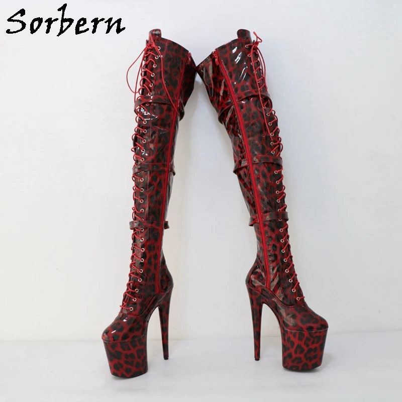 Sorbern Red Lepoard Mid Thigh Boots Women Stripper Heel Triple Straps 20Cm Pole Dance High Heel Shoes Custom 15Cm 17Cm Wide Legs