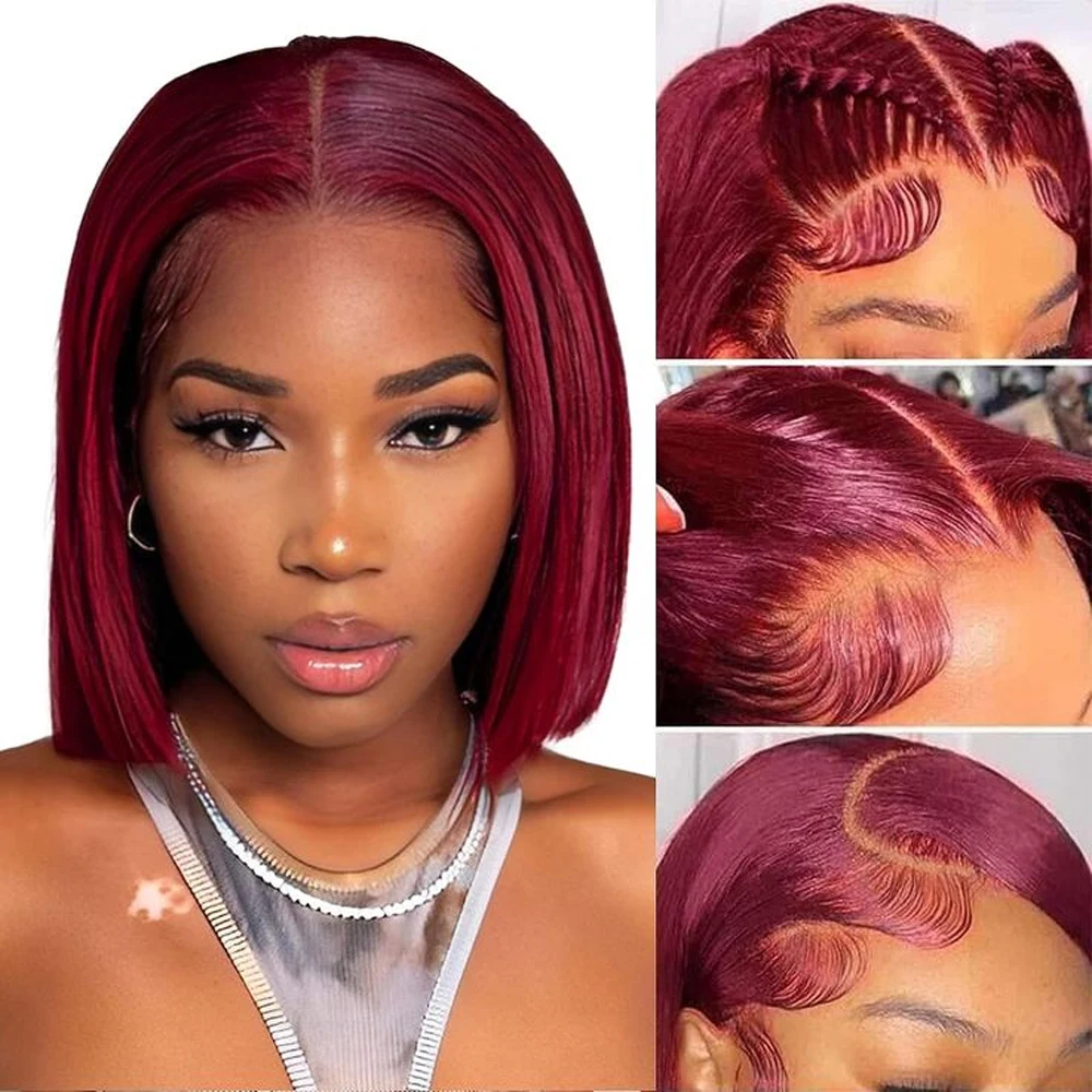 

Straight Short Bob Human Hair Lace Front Wig 13X4 HD 99J Burgundy Colored Short Bob Wig Human Hair For Women 180% Density