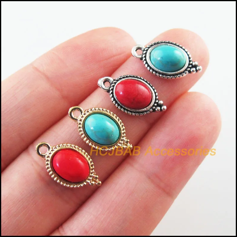 

Fashion 15Pcs Retro Gold Color Tibetan Silver Tone Oval Blue&Red Stone Charms Pendants 9x17mm