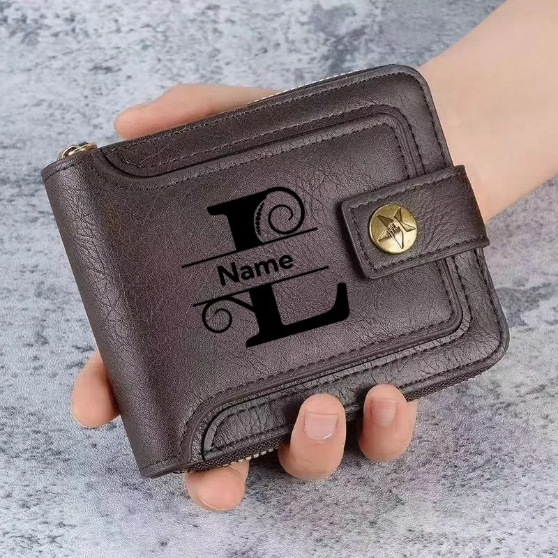 Men's Custom Wallet - Personalized Artificial Leather Men's Engraved Name and Letter Wallet, Father's Day Dad Gift, Brown view 2