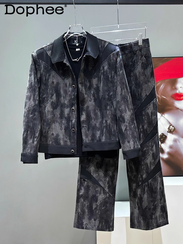 

Men's 2025 New 2pcs Male Splicing Denim Short Style Jackets Men's Trendy Tie-dye Retro Tops Trousers Sets Handsome Two-piece Set
