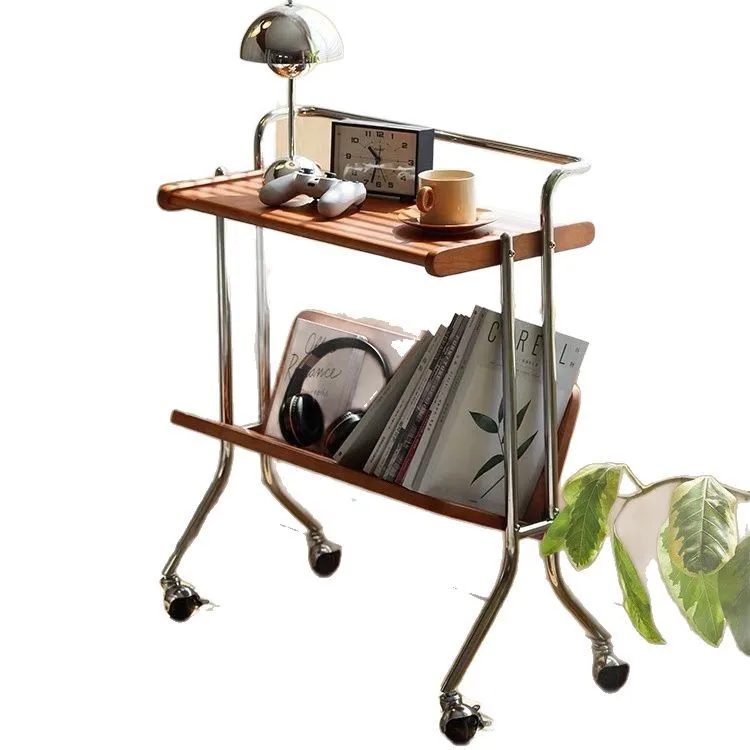 

Medieval movable trolley sofa side few living room retro solid wood coffee table magazine bookshelf bedside shelf