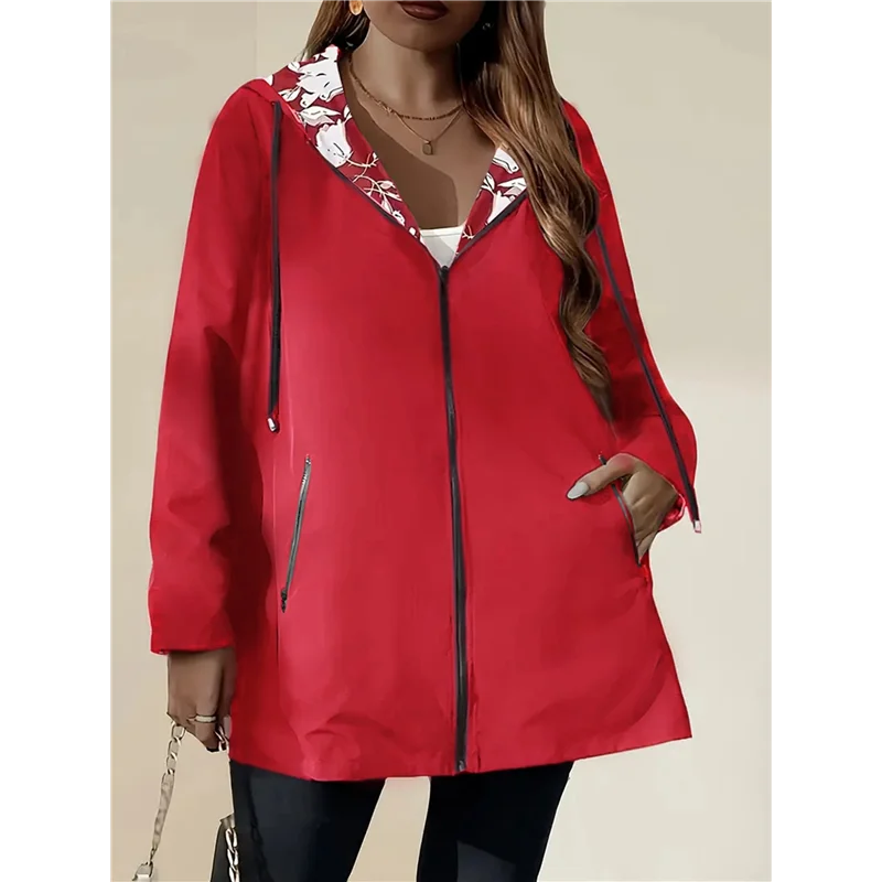 AB11-Women Reversible Light-Weight Hooded Zip-Up Long Sleeves Jacket Casual Windbreaker Outerwear Waterproof
