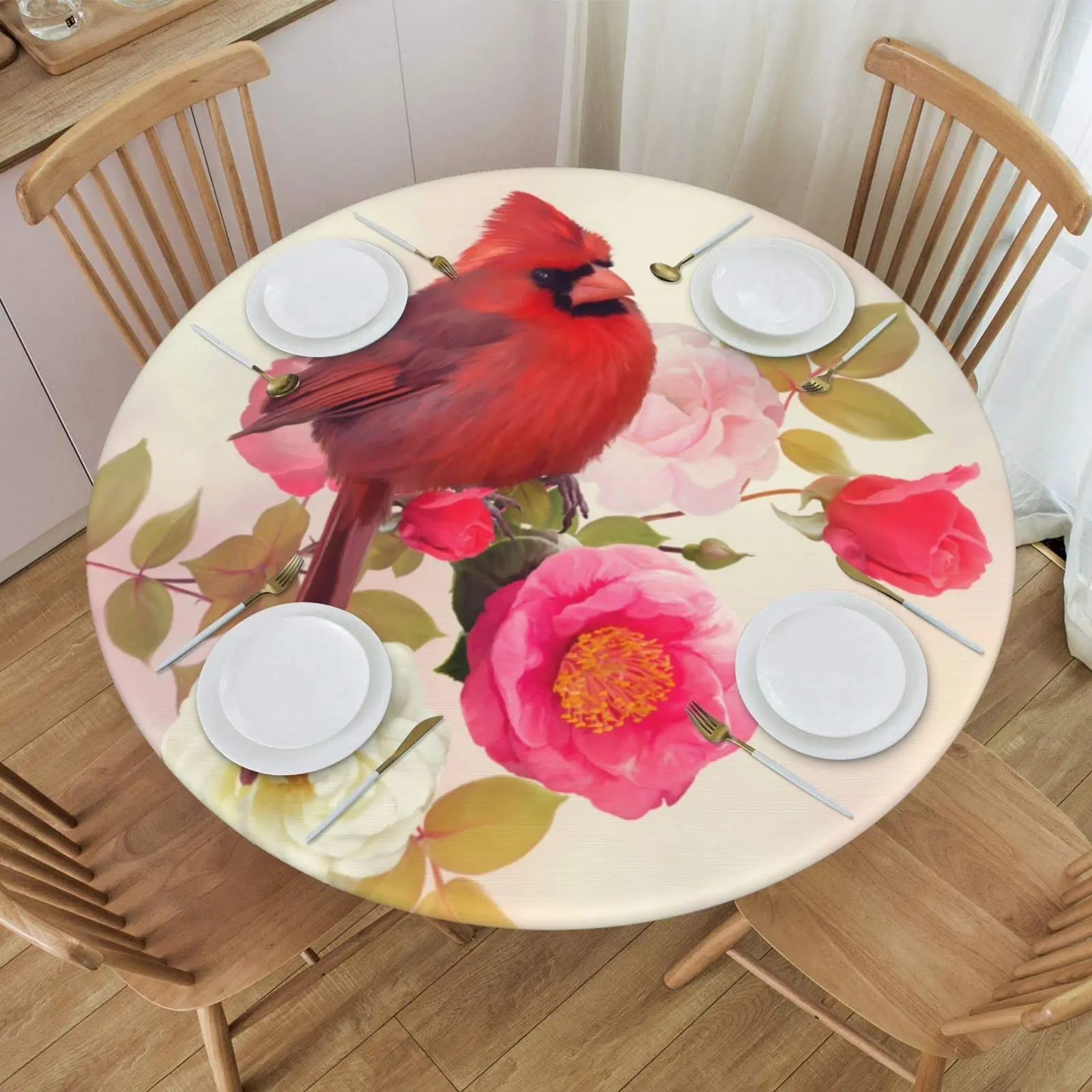 

Red Bird Vintage Fitted Round Tablecloth Waterproof Table Cloth with Elastic Edge Table Covers for Party Indoor Outdoor Decor