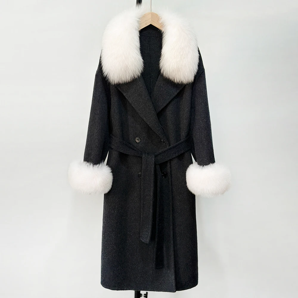 Natural Real Fox Fur Collar Woolen Jacket Autumn Outerwear Coat Fashion Women 2025 New Winter Cashmere Wool Blends Fur Jacket