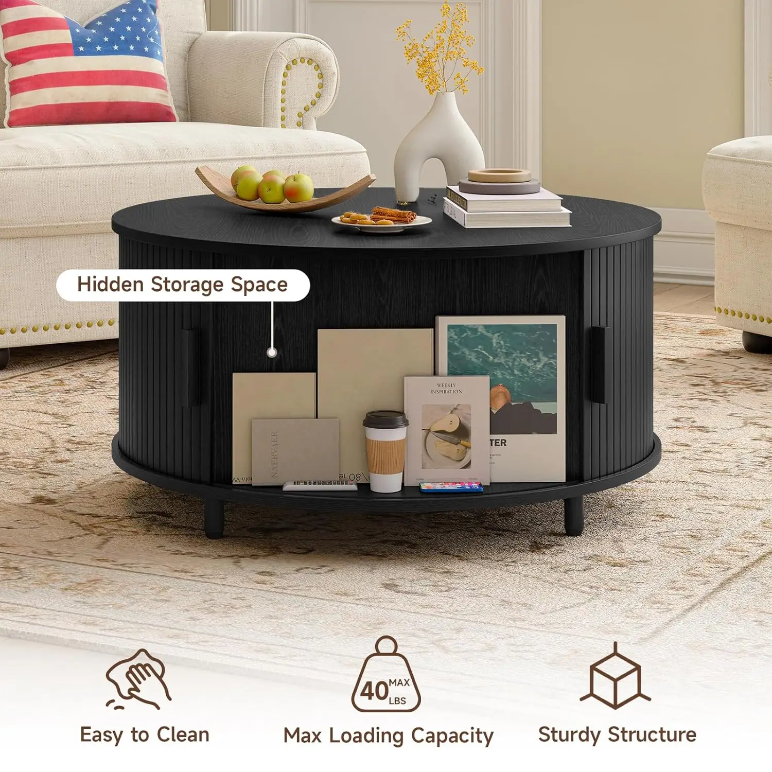 Mesa de centro redonda de 31,5 polegadas, mesa de centro moderna de meados do século com armazenamento, mesa de centro canelada com ajustável
