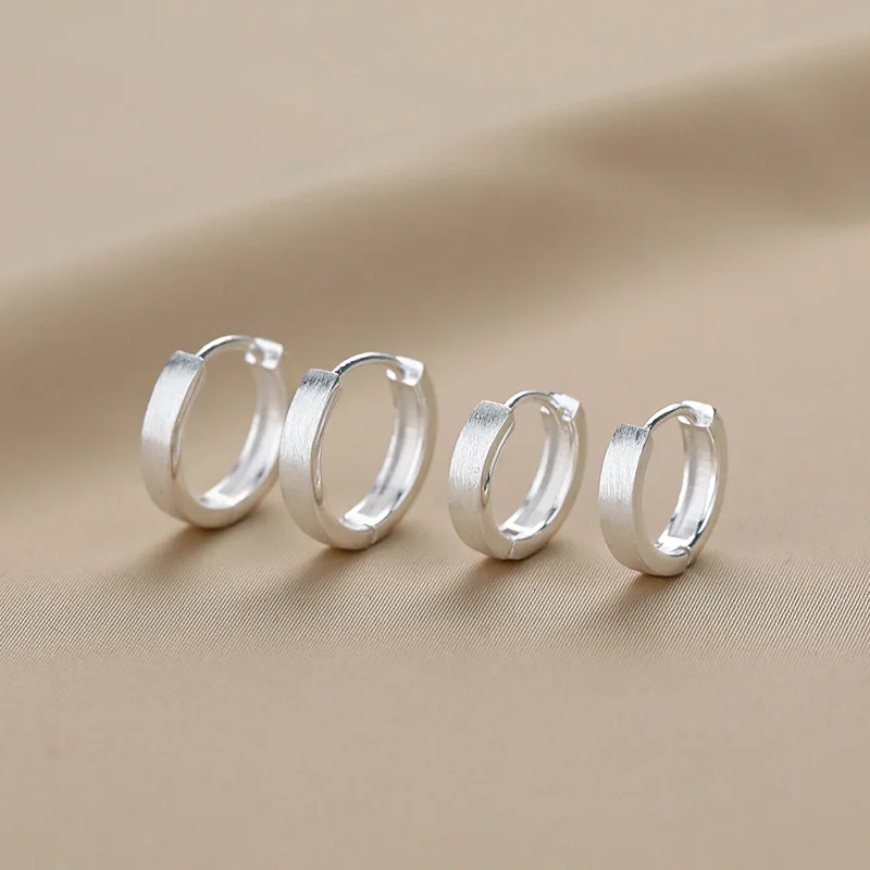 Minimalist 925 Sterling Silver Two Sizes Metal Brushed Circle Hoop Earrings for Women Girls Jewelry Accessories Gifts Colorfast