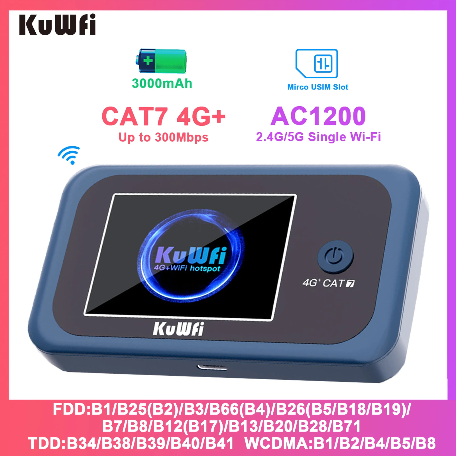 

KuWFi CAT7 4G+ LTE Router 1200Mbps 2.4G 5G Single WiFi Portable Travel 4G Mobile Modem 3000mAh Battery 10 Users with USIM Slot