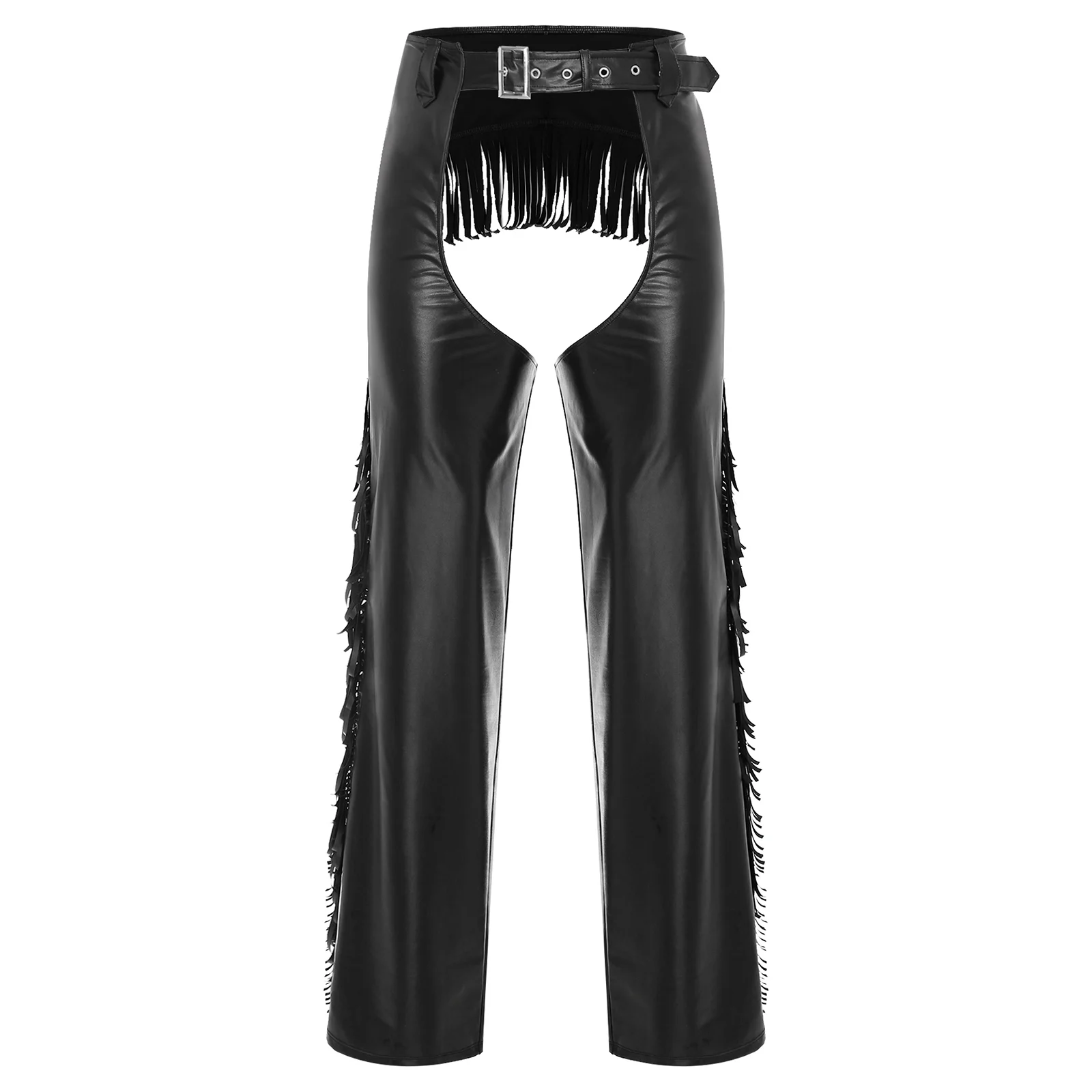 

Men Western Show Chaps Pants Motorcycle Cowboy Faux Leather Fringed Chap Pants Cutout Tassels Trousers for Halloween Theme Party
