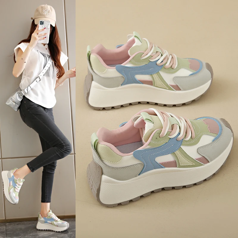 

Women's Pastel Chunky Platform Sneakers 5.5CM Heel Comfortable Upper Wear - Resistant Sole Casual Streetwear Shoes