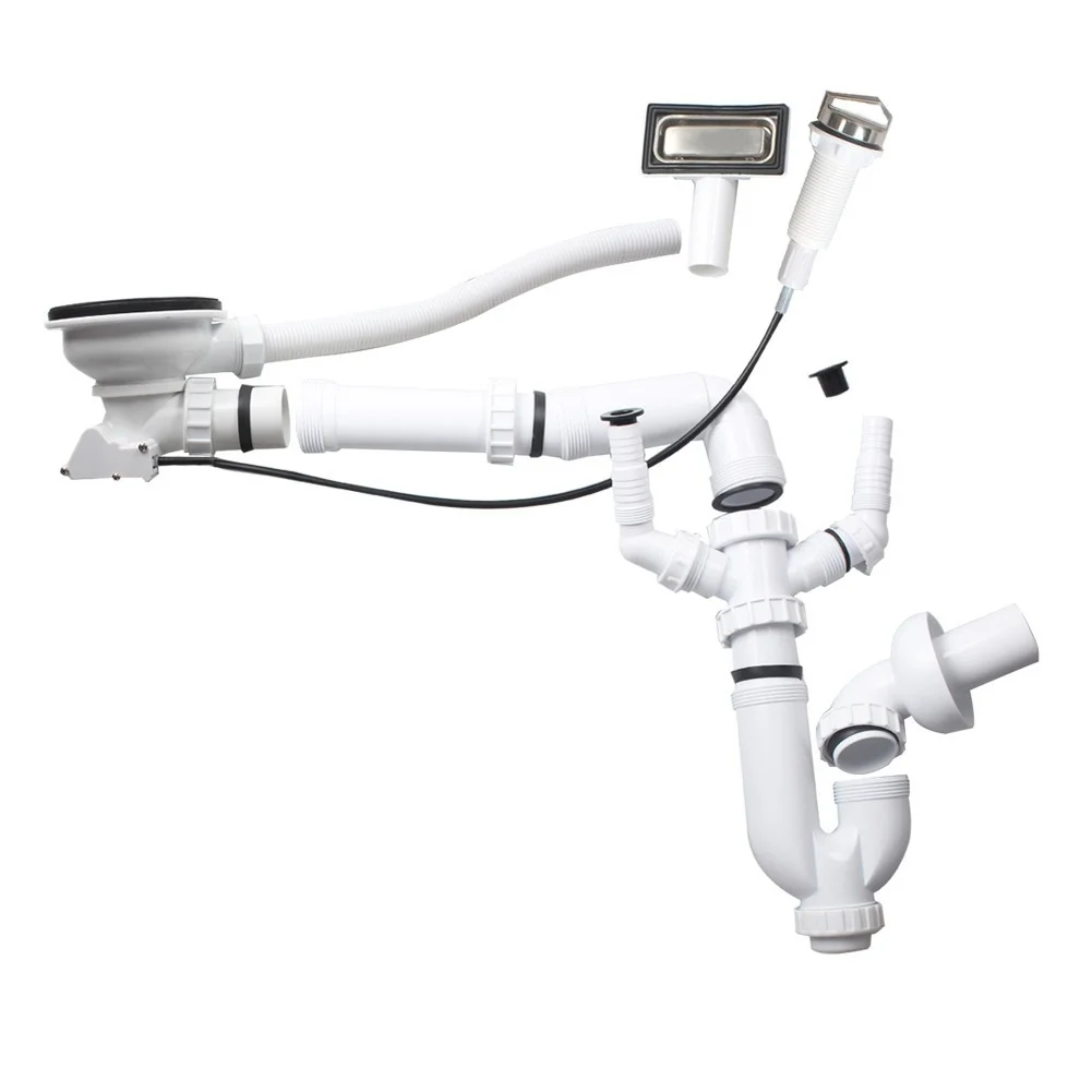Stainless Steel 110mm Sink Drainage Kit with Wall Mount Support Rear Drain Pipe and Dual Elbow Dishwasher Adapters