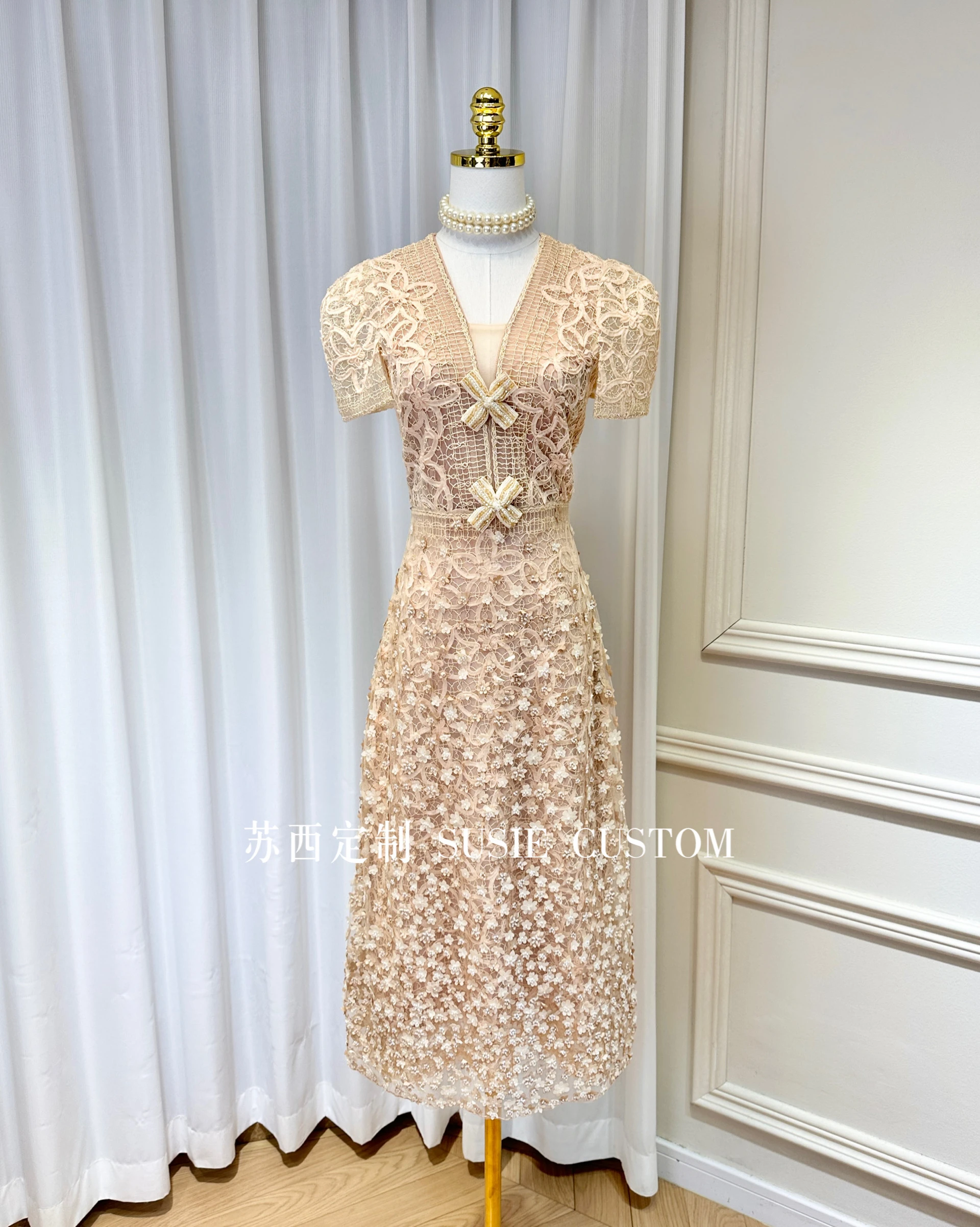 Franse Stijl Elegante Socialite Handgemaakte 3d Bloem Kralen V-Hals Korte Mouw Hoge Taille Slim Fit Avond Lange Jurk Vrouwen Zomer