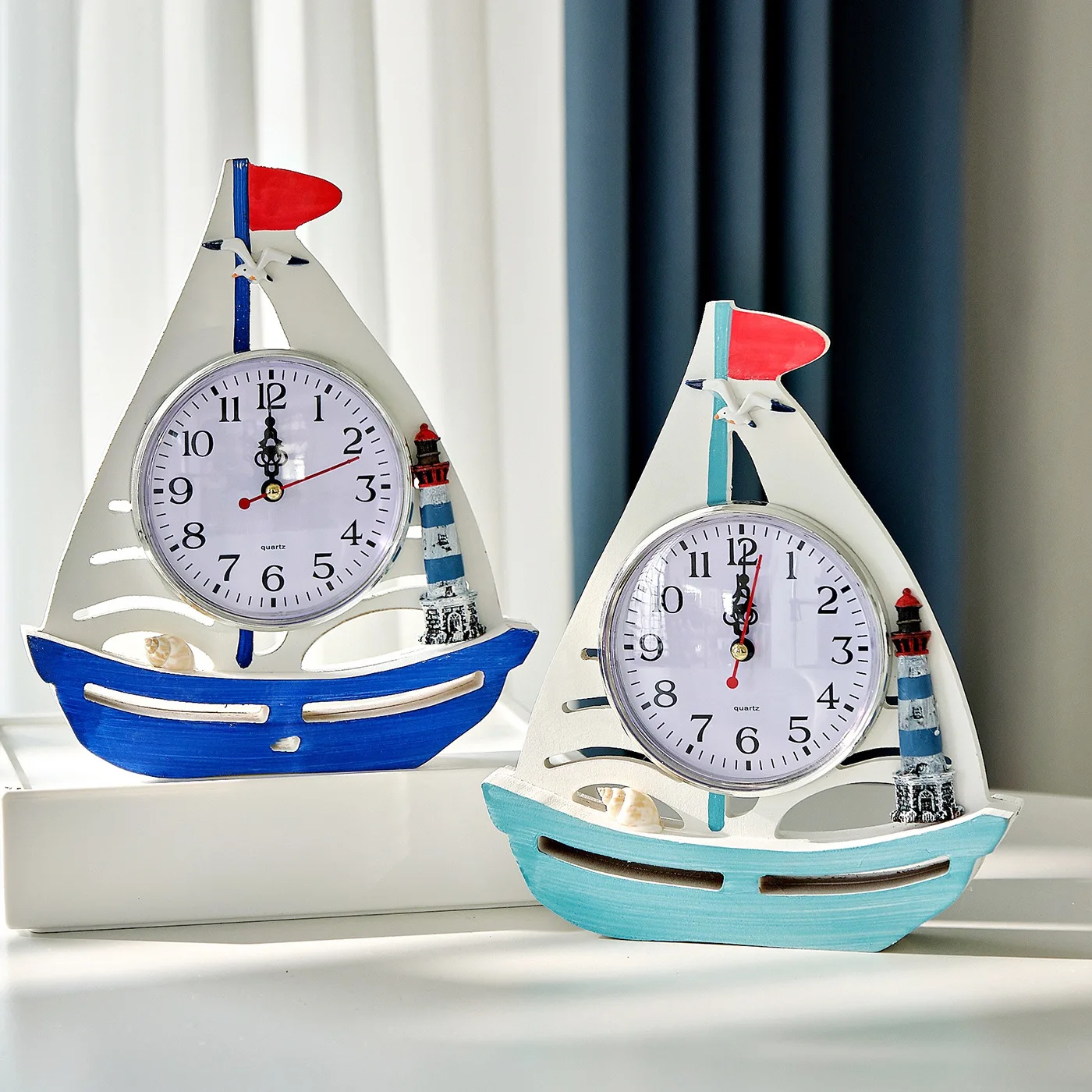 Nautical Style Clock Retro Sailboat Desk Clock Home Decor Living Room Ornaments Sea Theme Mediterranean Office Decor Crafts