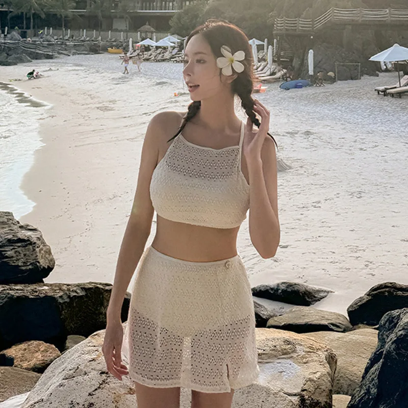 Bath Exits 2025 Swimwear High Waist Women's Swimsuit Strap Hot Springs Korean Ins Split Bikini Lace Sexy Hollow Skirt Style