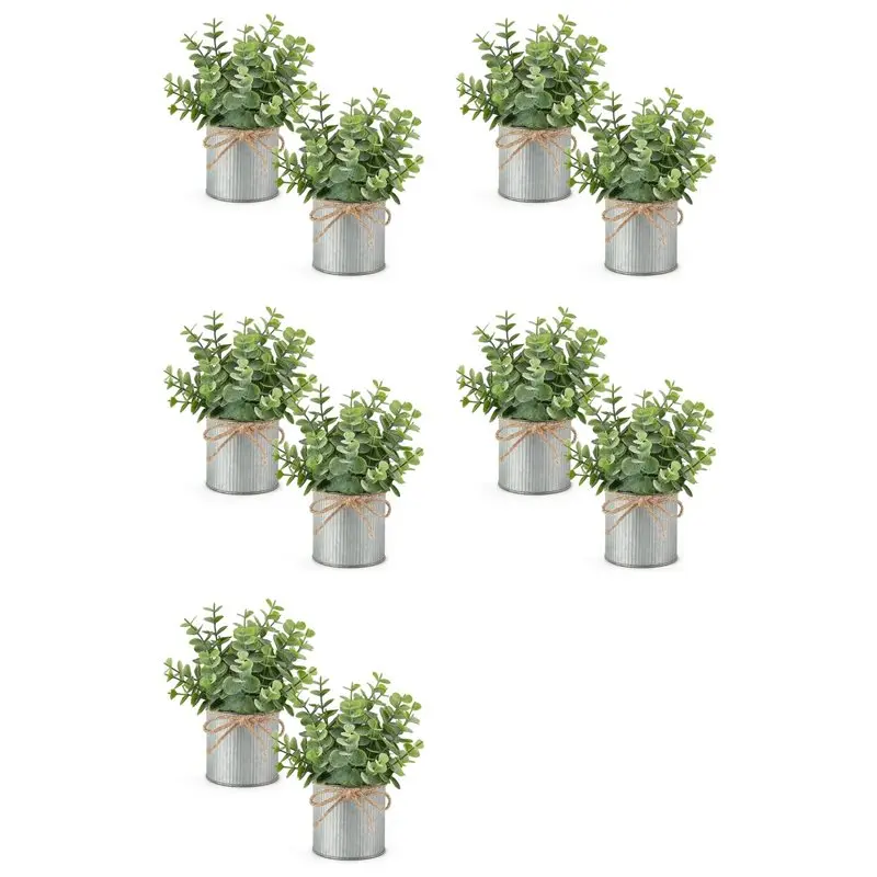 

ABAE-10 Packs Small Fake Plants In Farmhouse Galvanized Pots Table Centerpiece Mini Faux Eucalyptus Potted Artificial Plants