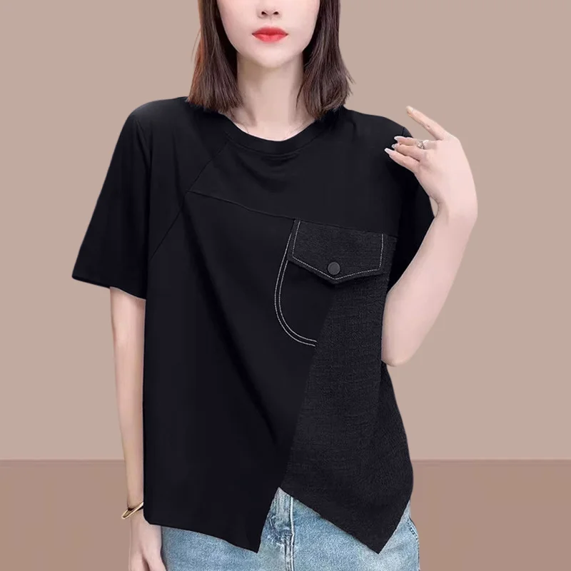 Niche Zwarte Top Dameskleding Nieuwe High-end Straat Dameskleding Dames Losse Schouder T-shirt met korte mouwen