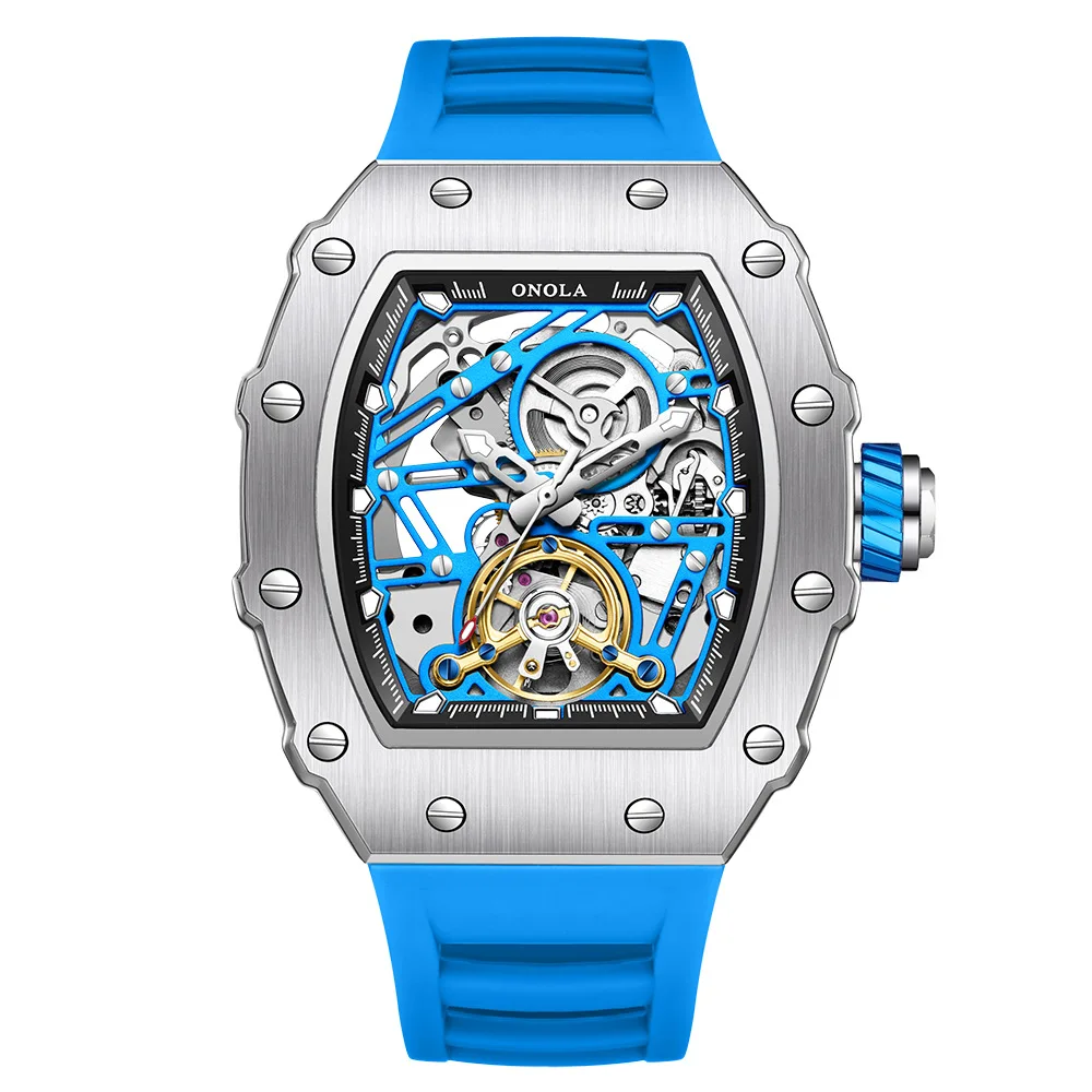 Luxury Men Barrel Mechanical Watch Rudder Flywheel Hollow Dial No Number Mark Luminous Waterproof Soft Silicone Wrist Band