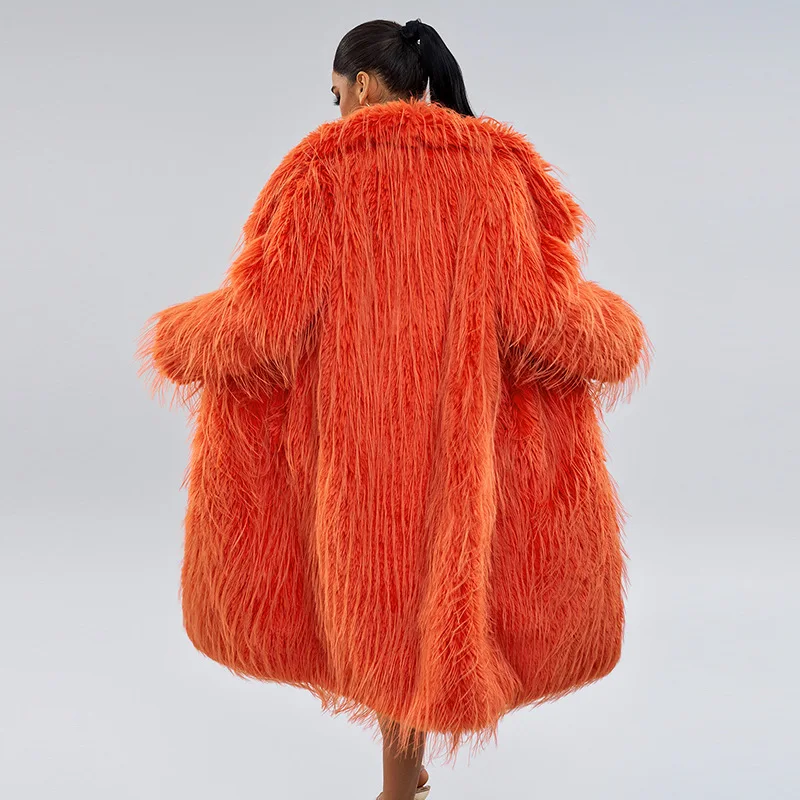 Laranja casaco de pele do falso jaqueta de inverno para mulheres lapela casacos macios longos jaquetas de pele artificial moda borla novos outerwears 2024