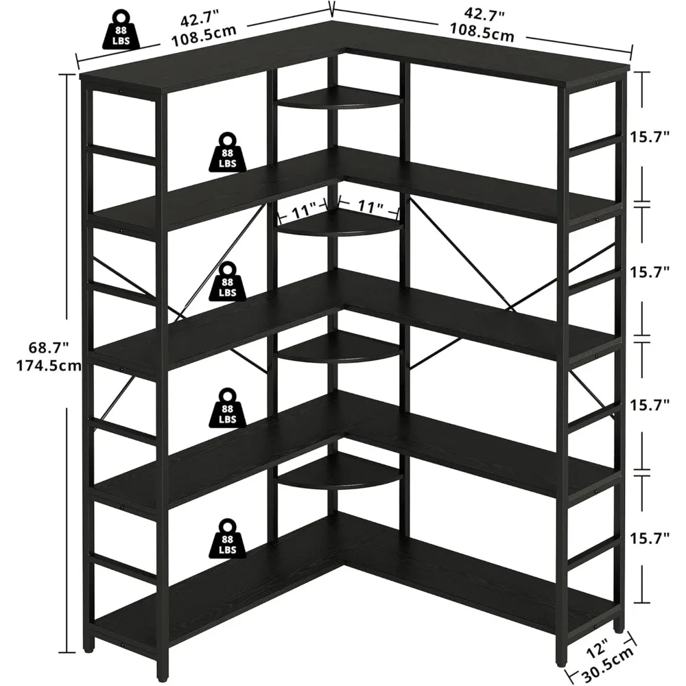 خزائن الكتب الصناعية وأرفف الكتب من IRONCK، خزانة كتب زاوية مكونة من 5 طبقات مع ألواح منحنية، رف على شكل حرف L مع إطار معدني لـ Ope #3